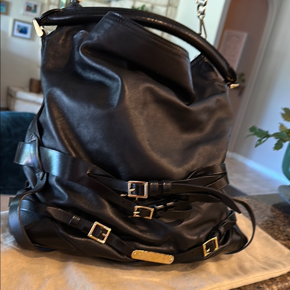 Burberry Calf Leather Shoulder Bag with Gold Accents